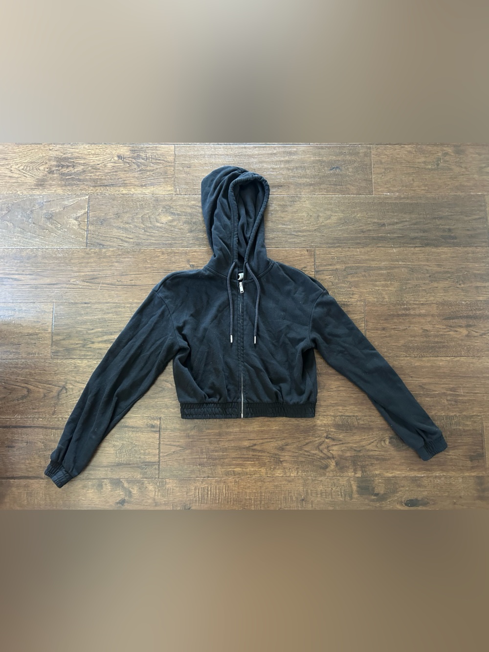 Black Hooded Zip-Up Cropped Sweater